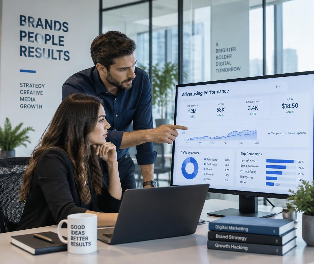 QuickGrow Ads Agency team reviewing advertising performance data